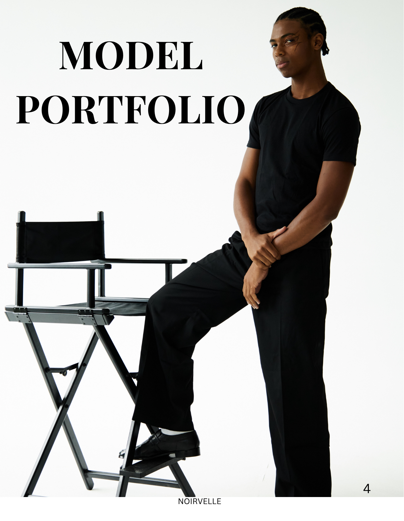 A young man with braided hair wearing a black t-shirt and black pants, standing beside a director's chair with a white background. The text 'MODEL PORTFOLIO' is displayed in large black letters on the left side of the image. The word 'NOIRVELLE' appe