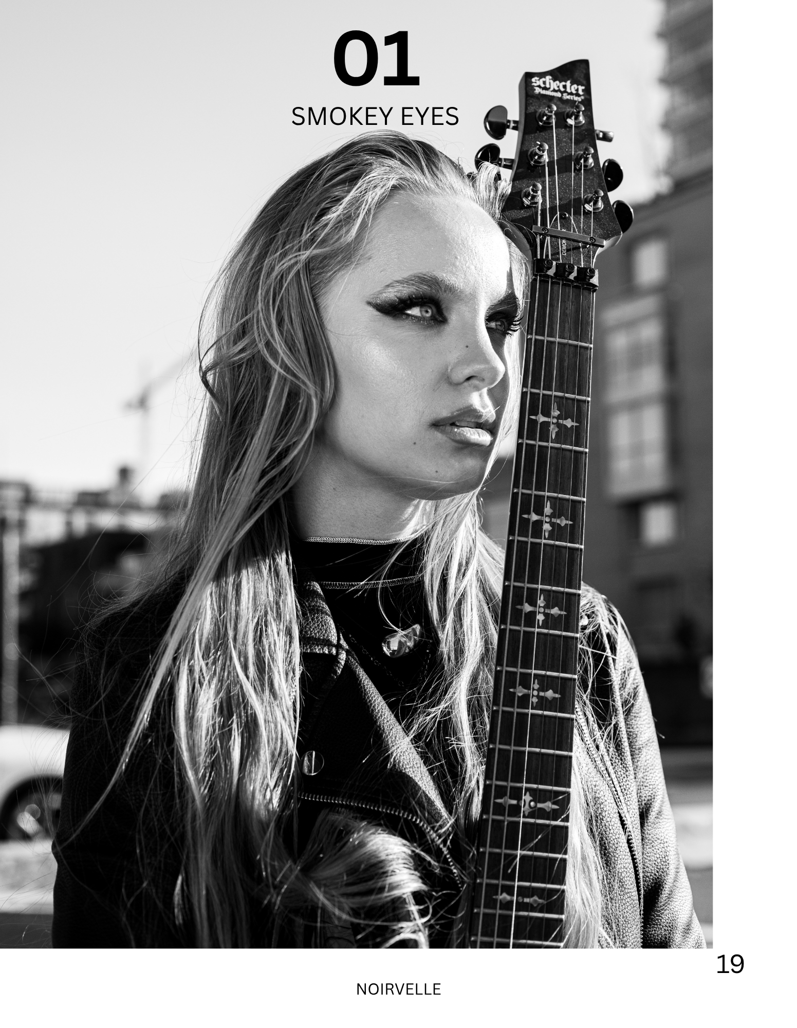 Black and white photo of a woman with long hair holding a guitar, looking to the right, with text overlay saying '01 Smokey Eyes' and 'Noirvelle', background showing city buildings.