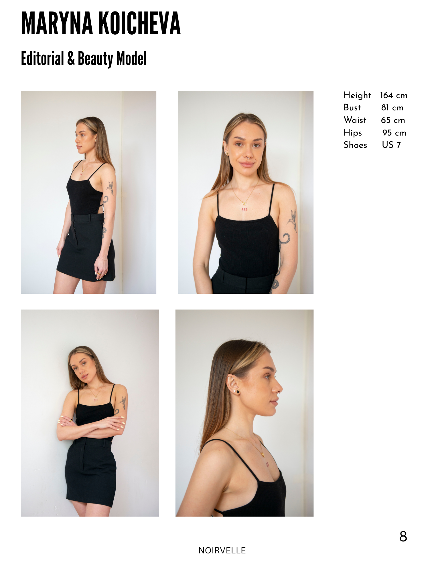 NOIRVELLE Magazine model profile featuring Maryna Koicheva, an editorial and beauty model.