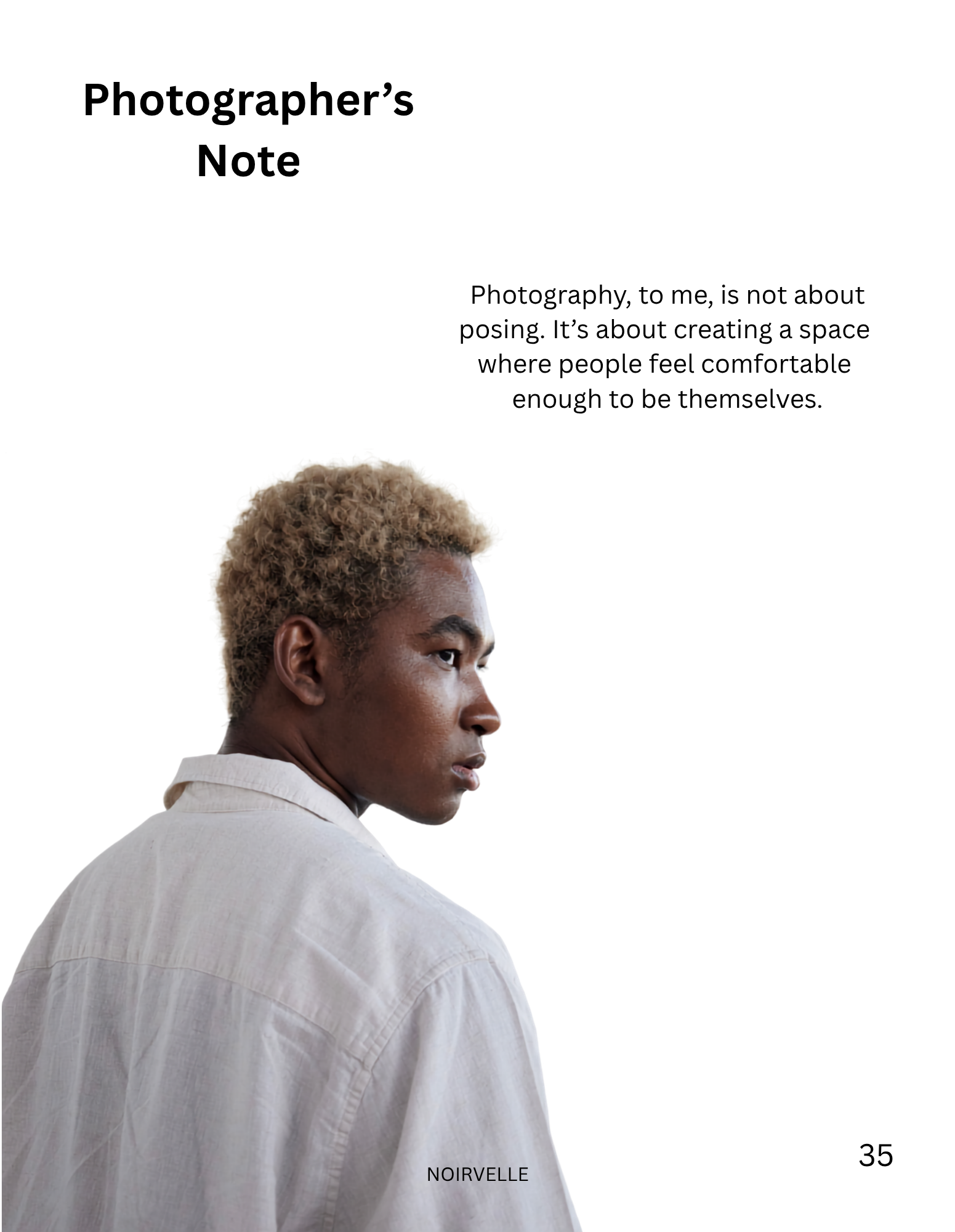  NOIRVELLE Photographer’s Note featuring a minimalist portrait of a male model, photographed by Noirvellel.