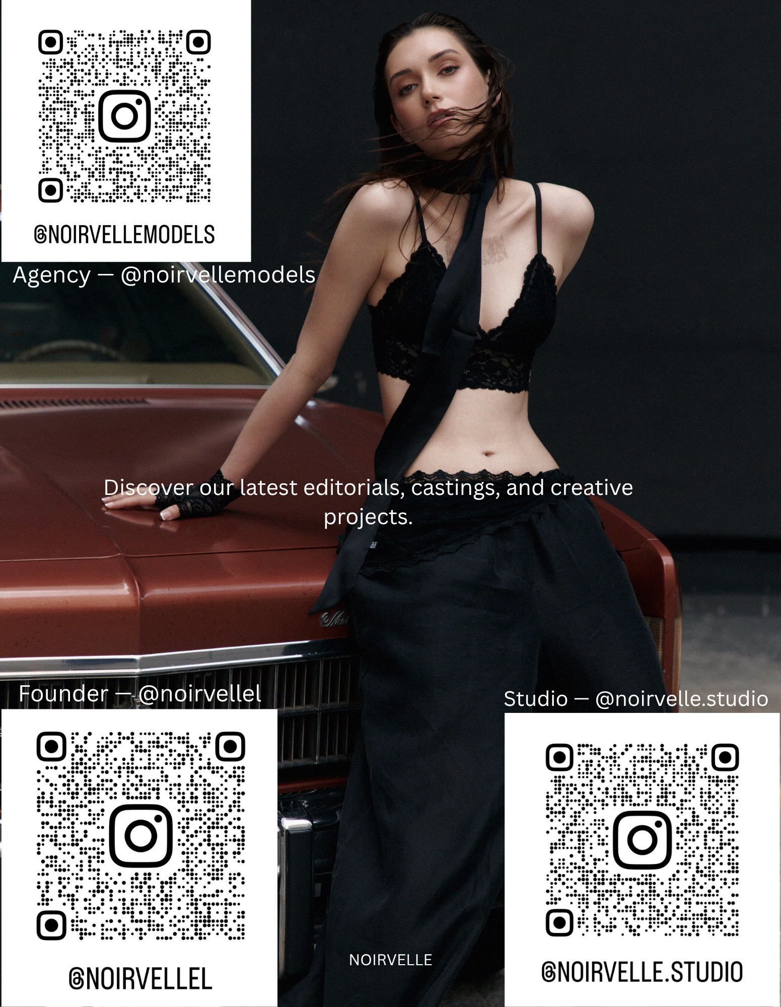 NOIRVELLE fashion editorial featuring a female model in black lace styling beside a vintage red car, photographed by Noirvellel.
