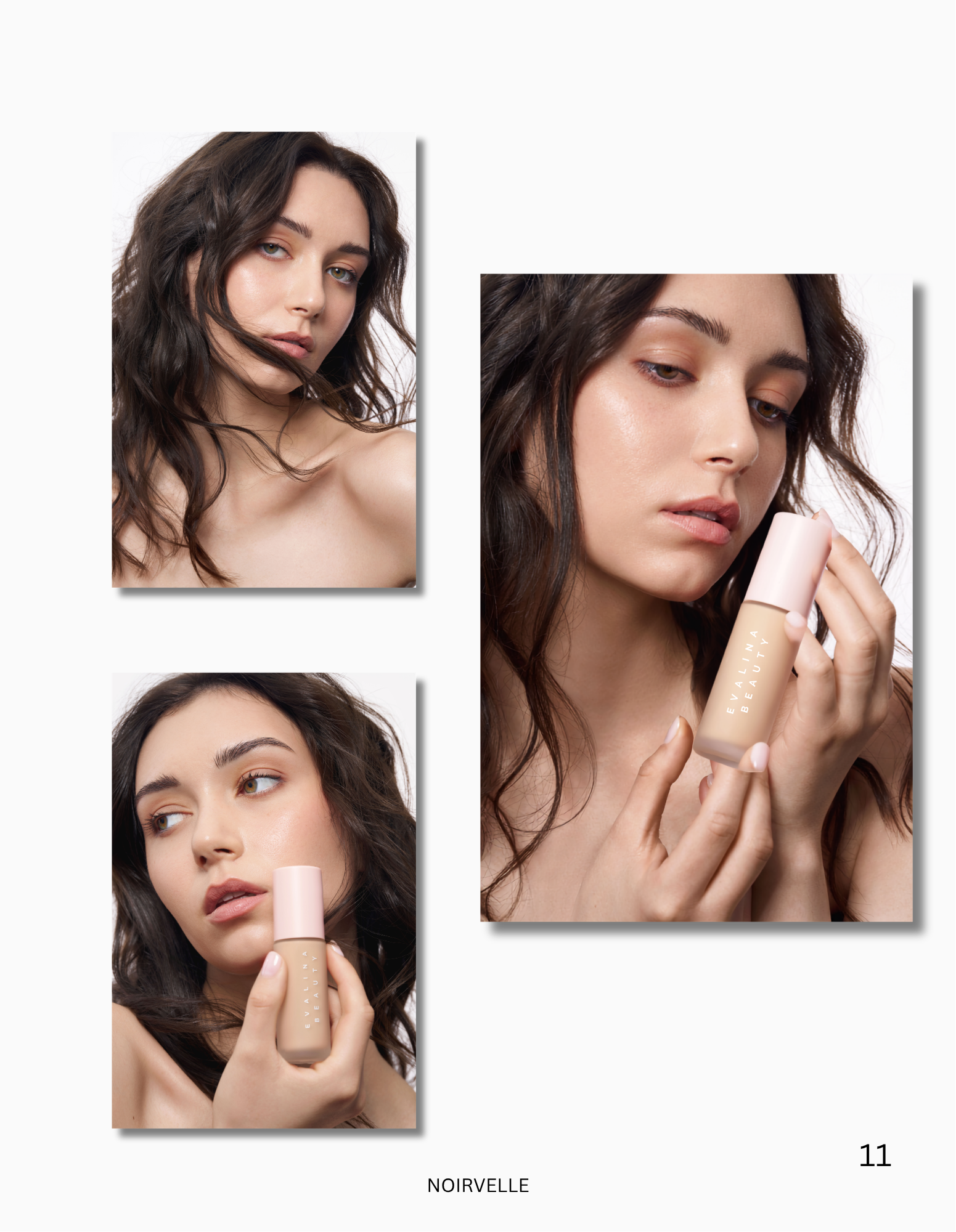 Close-up of a woman with dark wavy hair applying a beige foundation or concealer stick from Evallina Beauty.