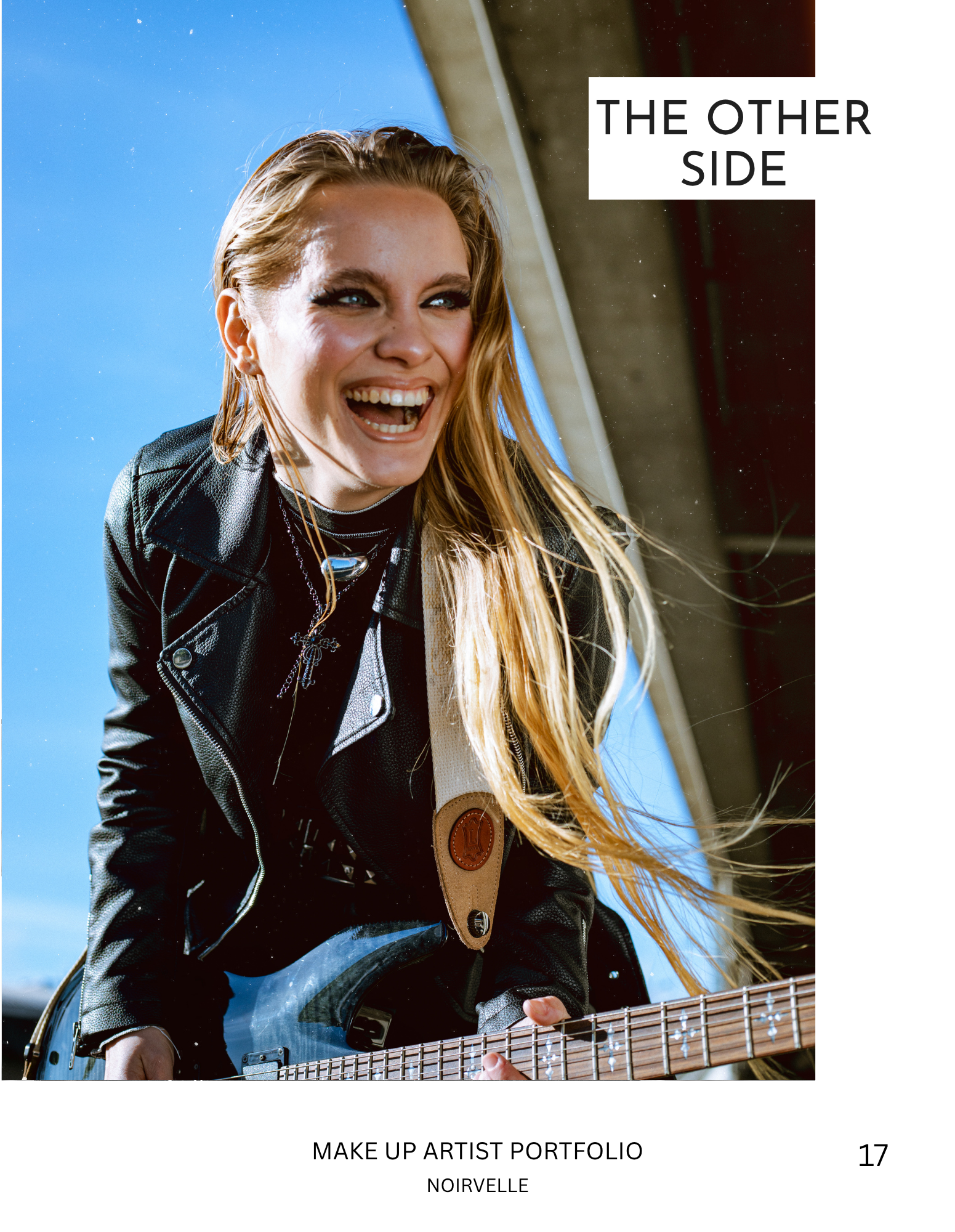 Cover of a makeup artist portfolio featuring a smiling woman playing an electric guitar outdoors against a clear blue sky, with the title "The Other Side" and the name "Noirvelle" on the cover.