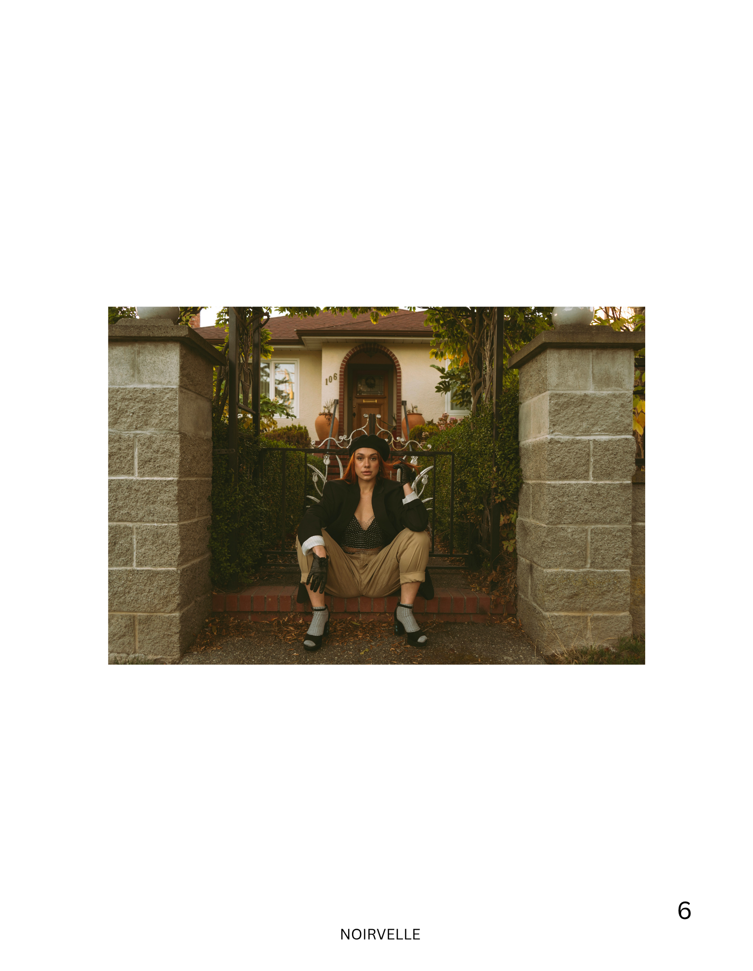 NOIRVELLE fashion editorial featuring a female model in an outdoor lifestyle portrait.