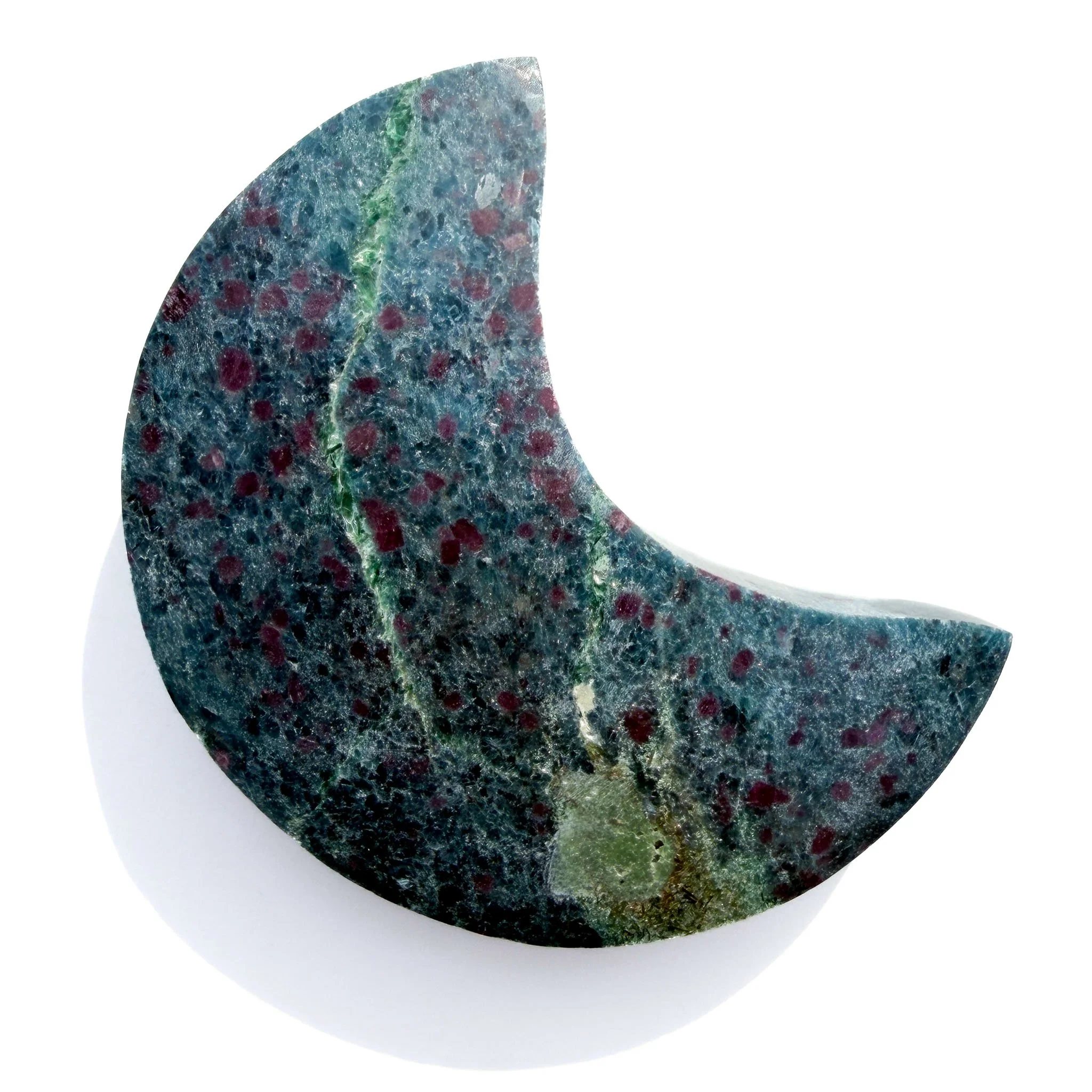 Ruby Zoisite & Blue Kyanite Crystal Moon — On Stand