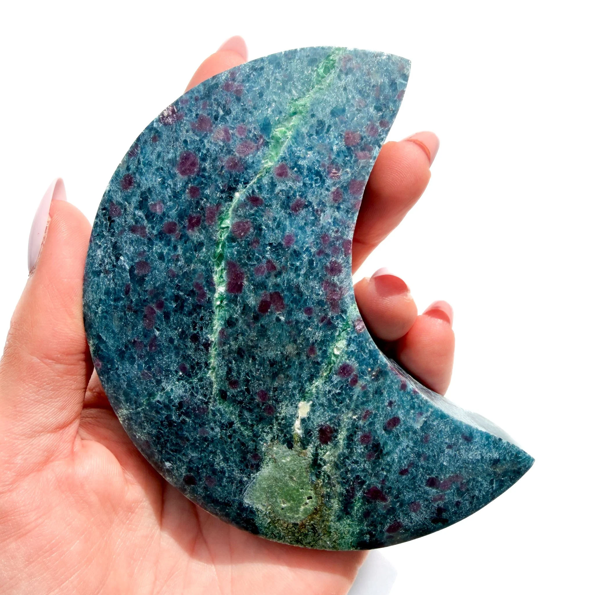 Ruby Zoisite & Blue Kyanite Crystal Moon — On Stand