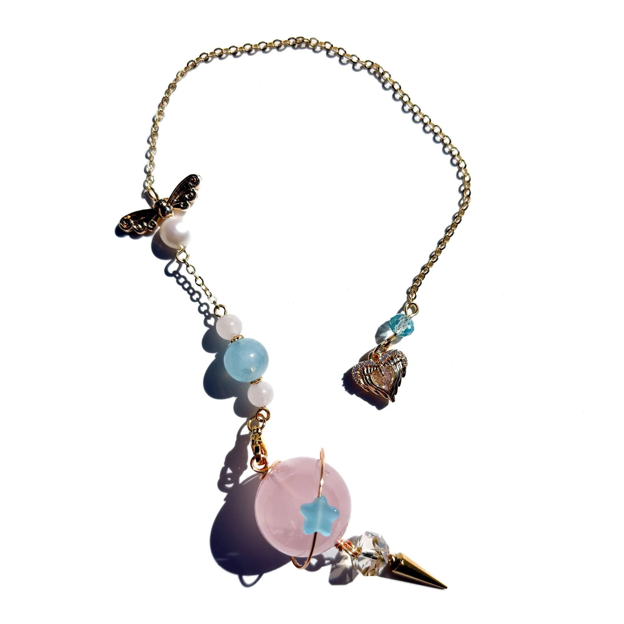 Rose Quartz With Aquamarine Crystal Pendulum