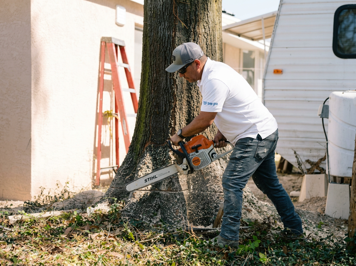 Man cutting a tree with a chainsaw in a backyard.