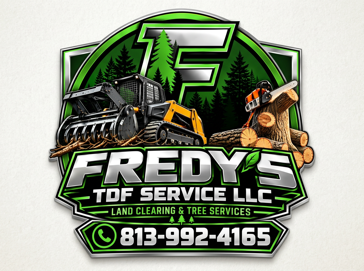 A logo for Fredy's TDF Service LLC featuring a forestry and land clearing theme. Includes a yellow skid-steer loader, cut logs, a chainsaw, and green trees in the background. The text provides the company's name, services, and phone number.8139924165
