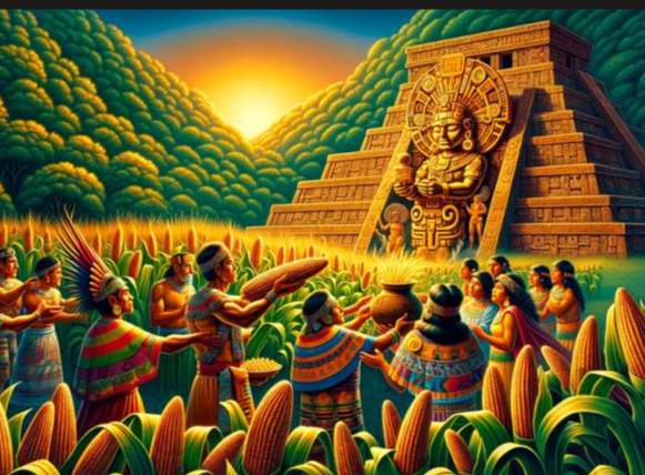 A vibrant digital illustration of an ancient Mesoamerican scene with people in traditional clothing participating in a ceremony in front of a large pyramid and a carved stone monument, with lush green mountains and a sunrise in the background.