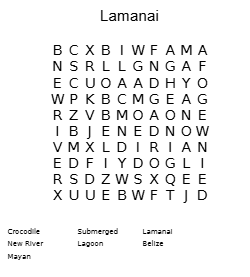A word search puzzle with words related to locations in Belize, including Lamanai, Crocodile, New River, Mayan, Submerged, Lagoon, and Belize.
