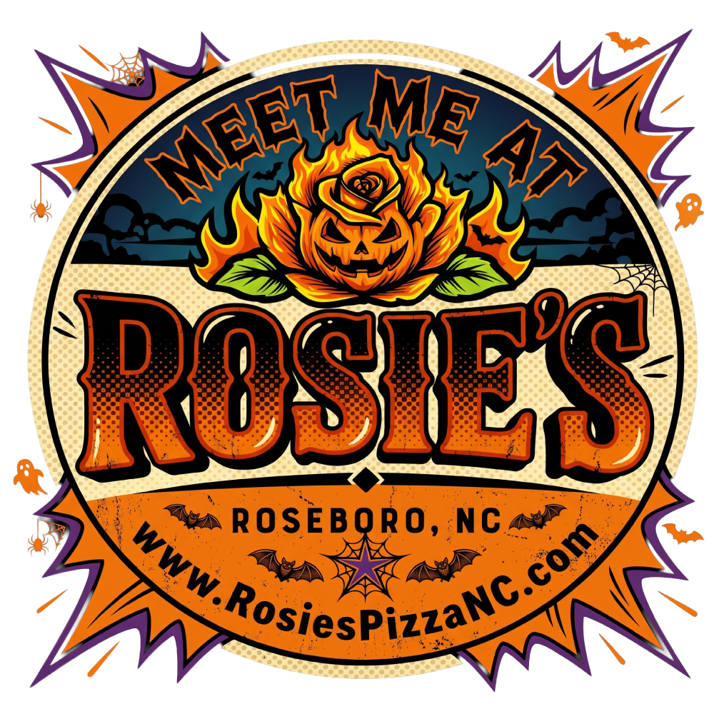 Halloween-themed logo with a flaming pumpkin with a carved face, surrounded by flames, and text that reads 'Meet Me at Rosie's,' located in Roseboro, North Carolina, with bats, spiders, skulls, and web decorations around it.