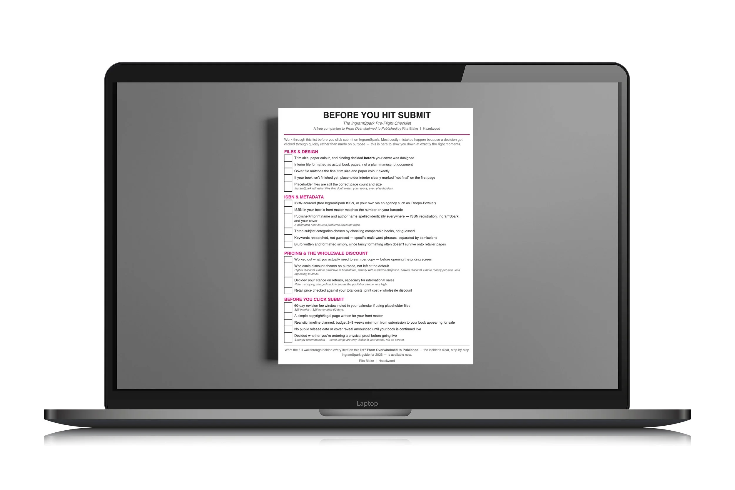 A grayscale digital illustration of a laptop displaying a document titled 'Before You Hit Submit' with checklists and sections about document formatting, ISBN, pricing, and submission guidelines.