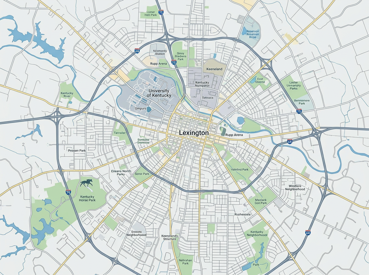 Map of Lexington, Kentucky, showing major roads, parks, and landmarks including University of Kentucky, Rupp Arena, and parks like Vatelind, MacLack Gon, and Kentucki Neighborhoods.