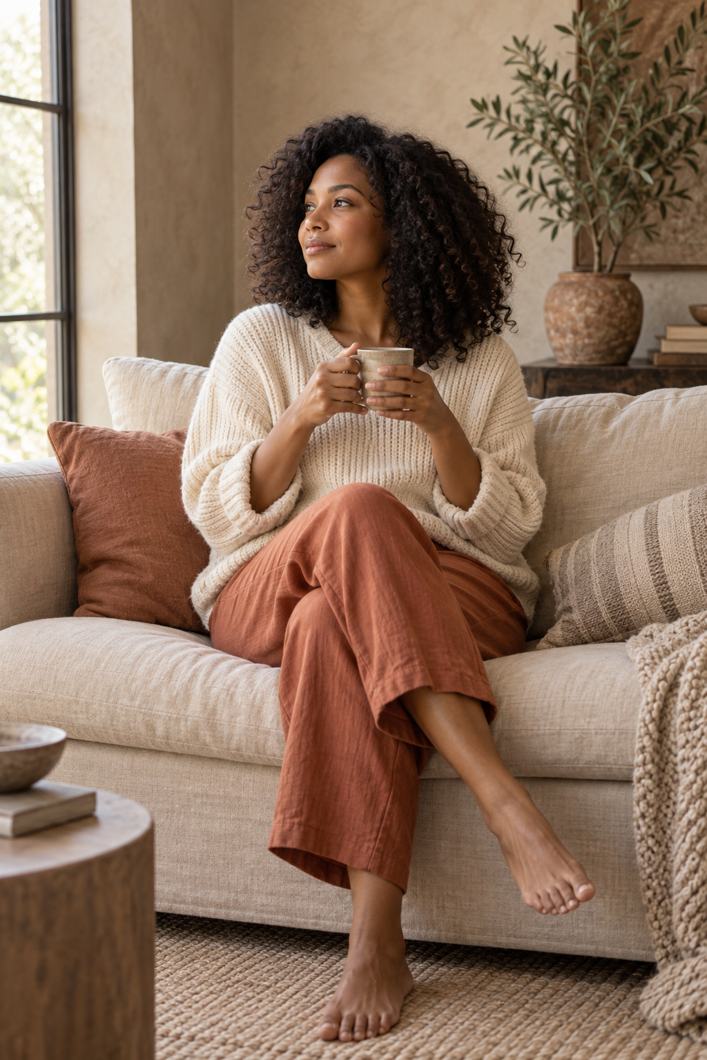 A Black woman holding a warm mug and taking a quiet reflective moment beside a window.