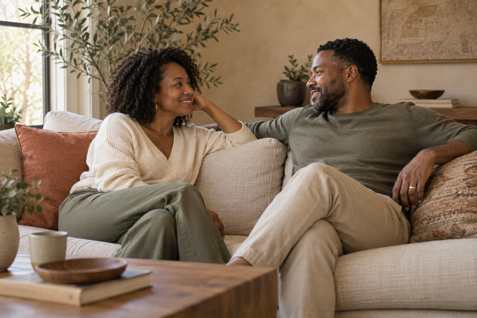 A Black couple sharing a relaxed conversation on a linen sofa beside greenery and terracotta accents.