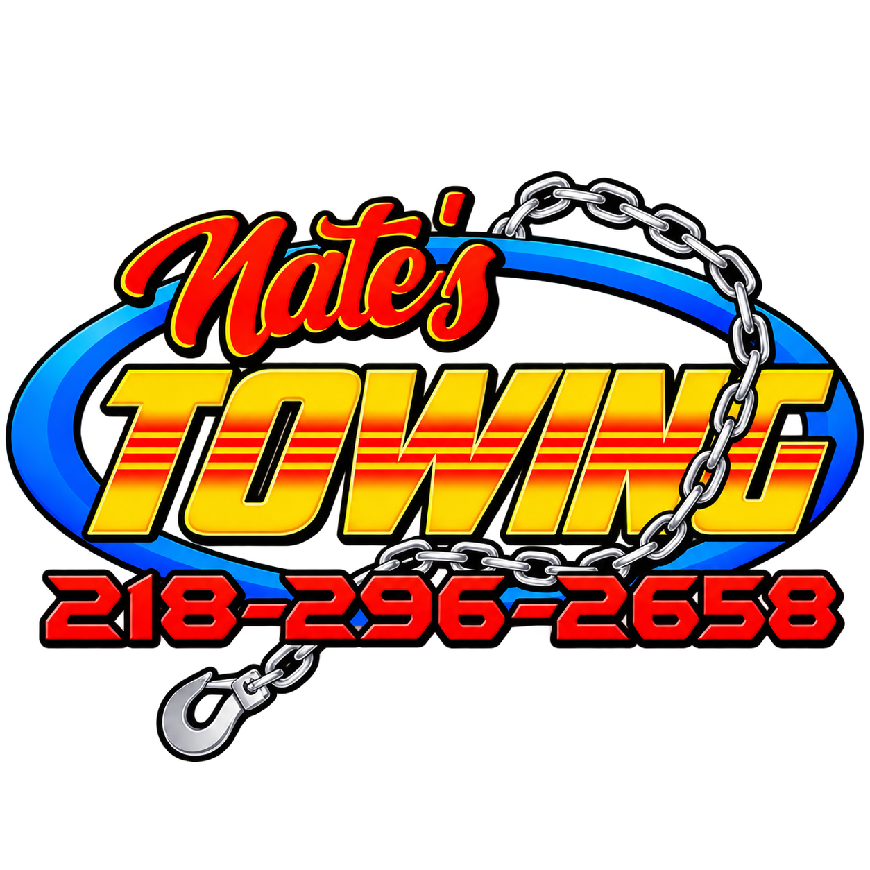 Colorful neon-style sign for NATE'S TOWING with chain and hook graphics and phone number 218-296-2658.