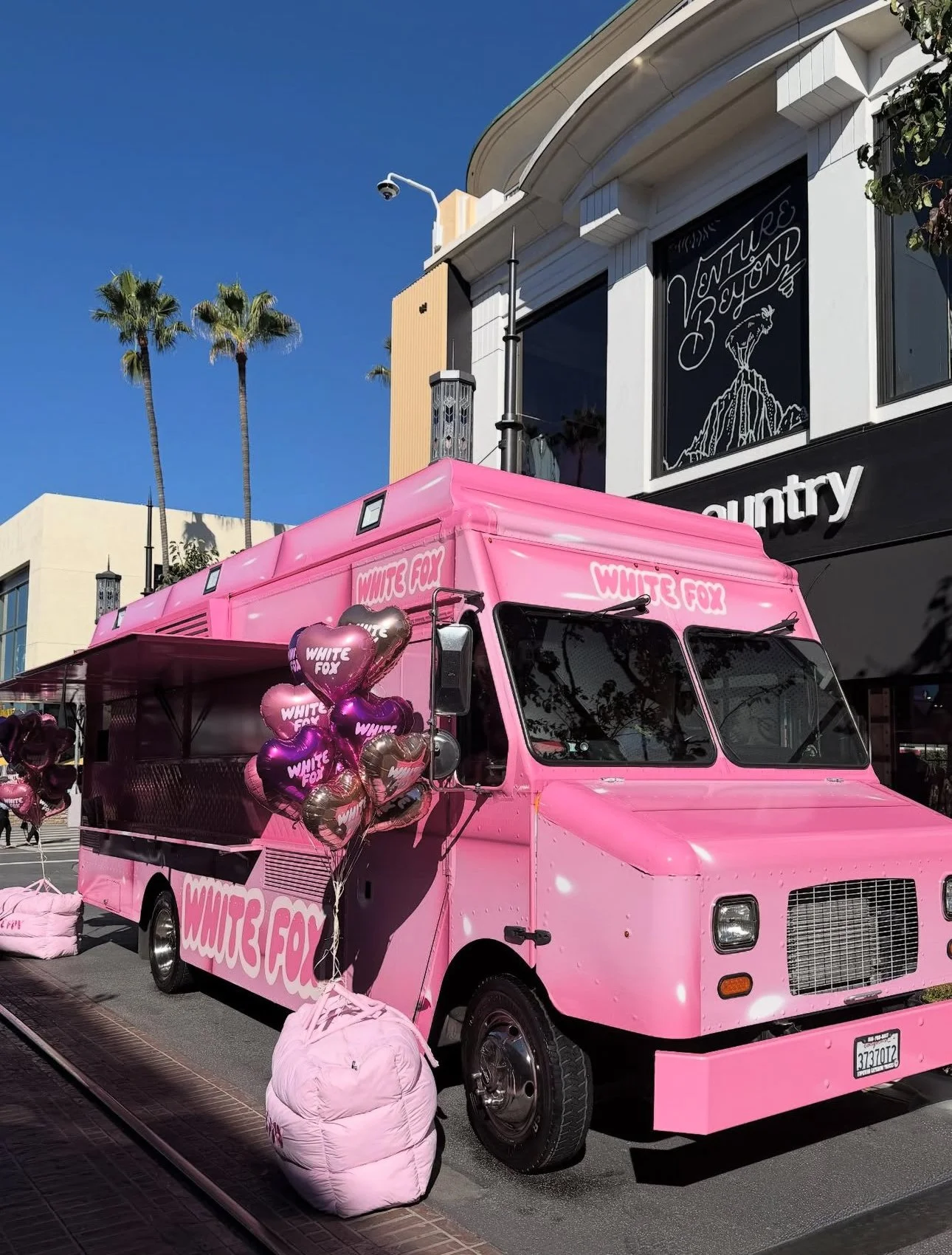 Pink food truck decorated with balloons and bags, parked in front of a building with a sign that reads "Ventures Beyond". The truck has "White Fox" branding.