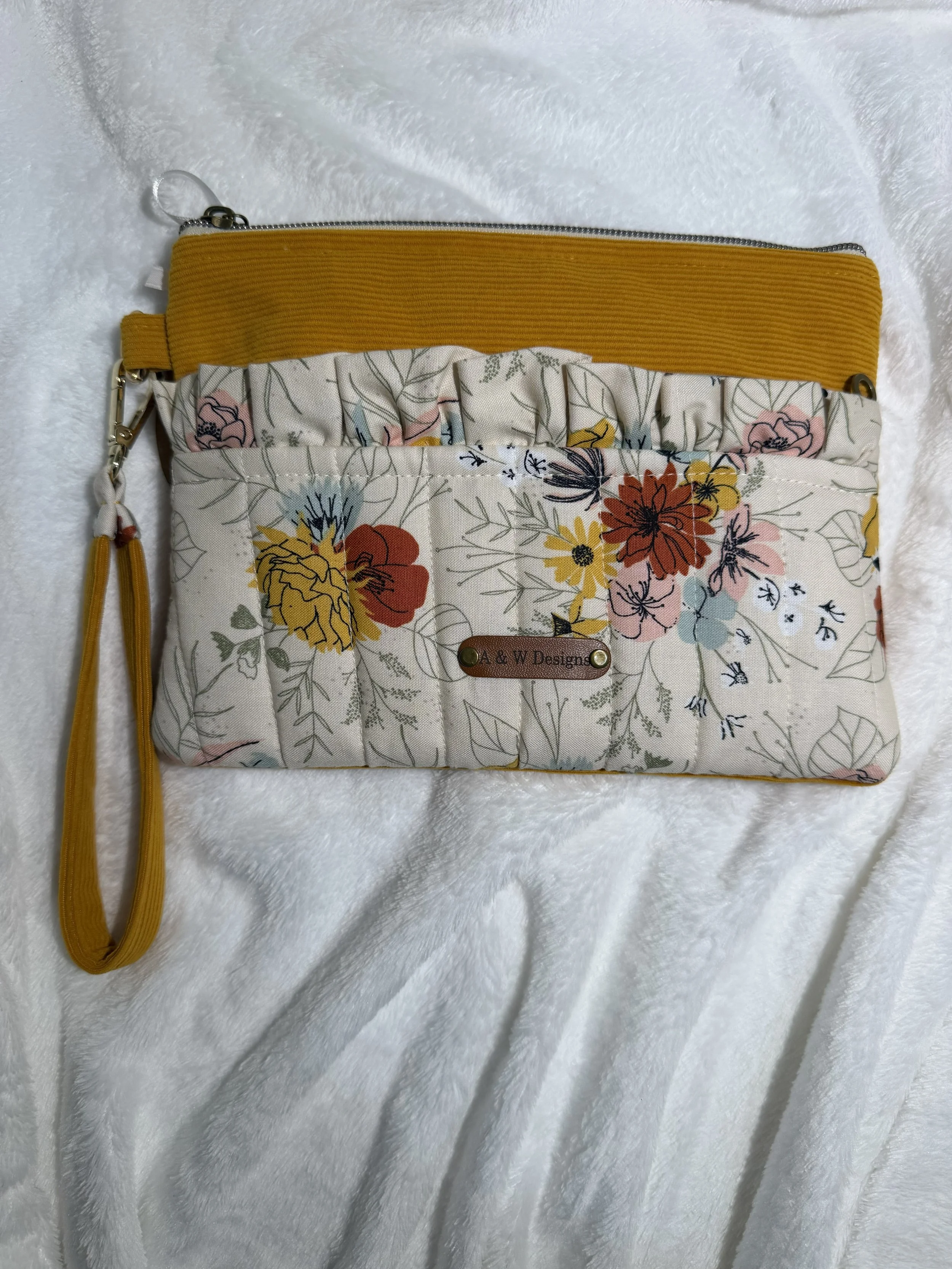 Mustard Floral Ruffle Wristlet