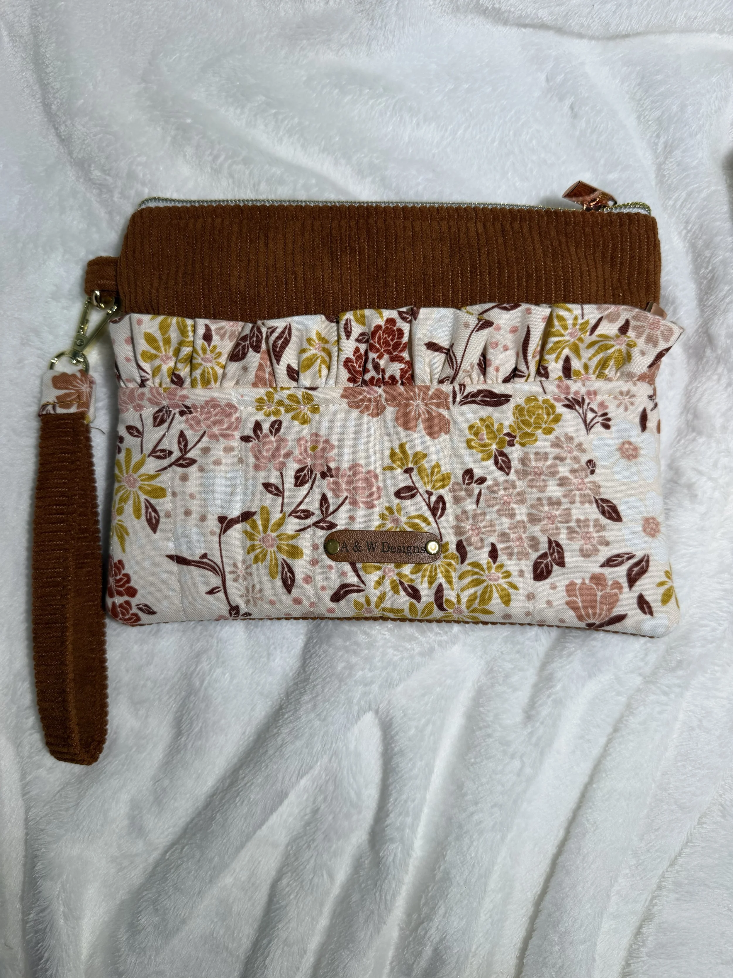 Brown Floral Ruffle Wristlet