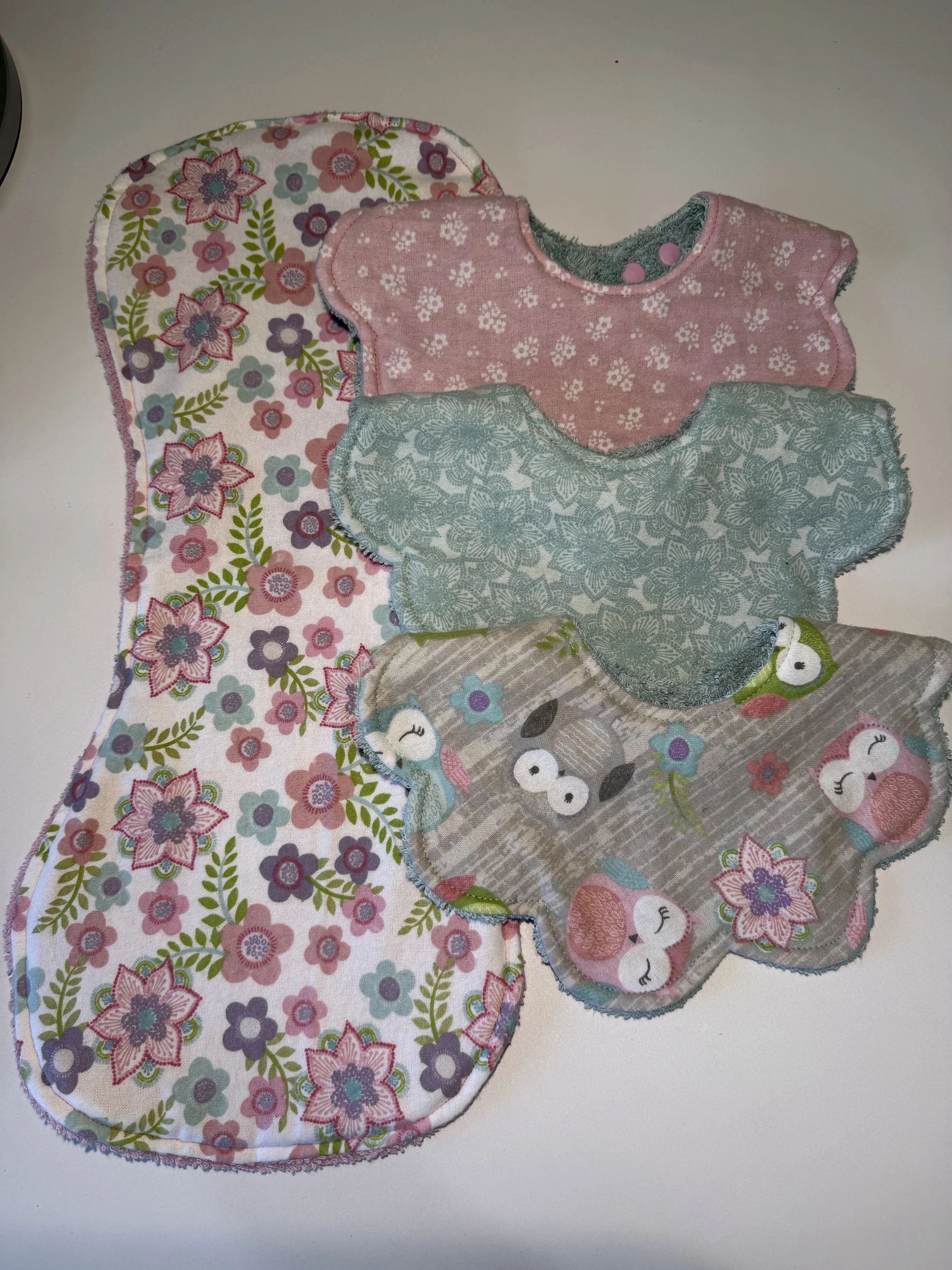 Floral & Owl Bib & Burp Cloth Set