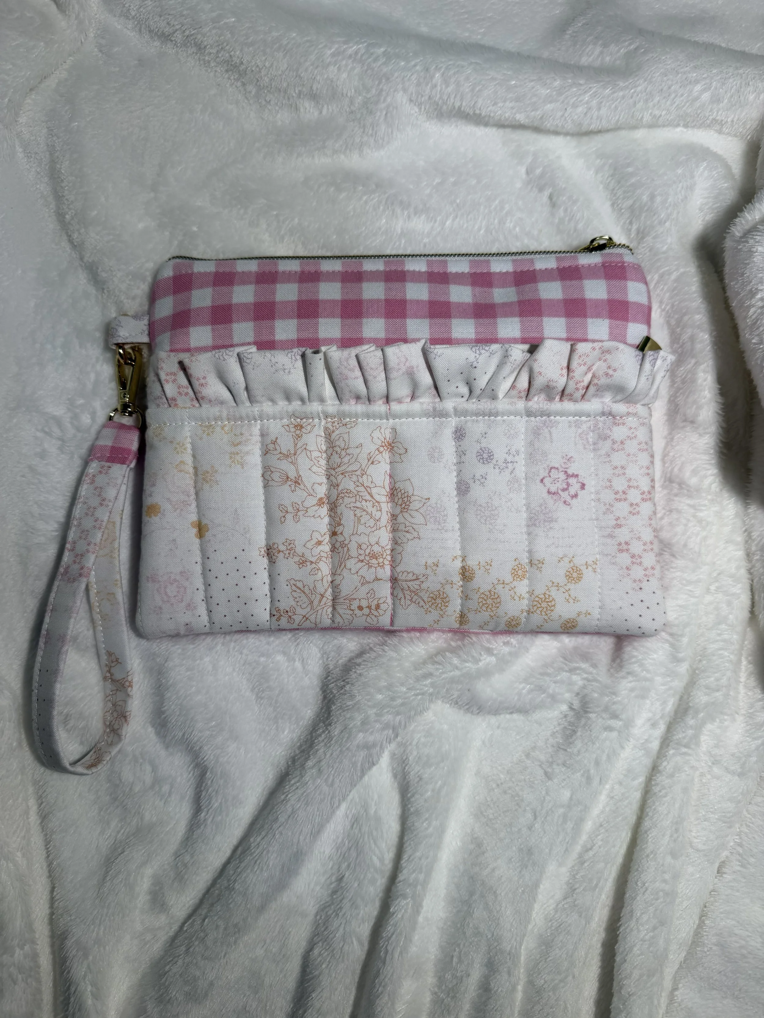 Pink Gingham/Floral Ruffle Wristlet
