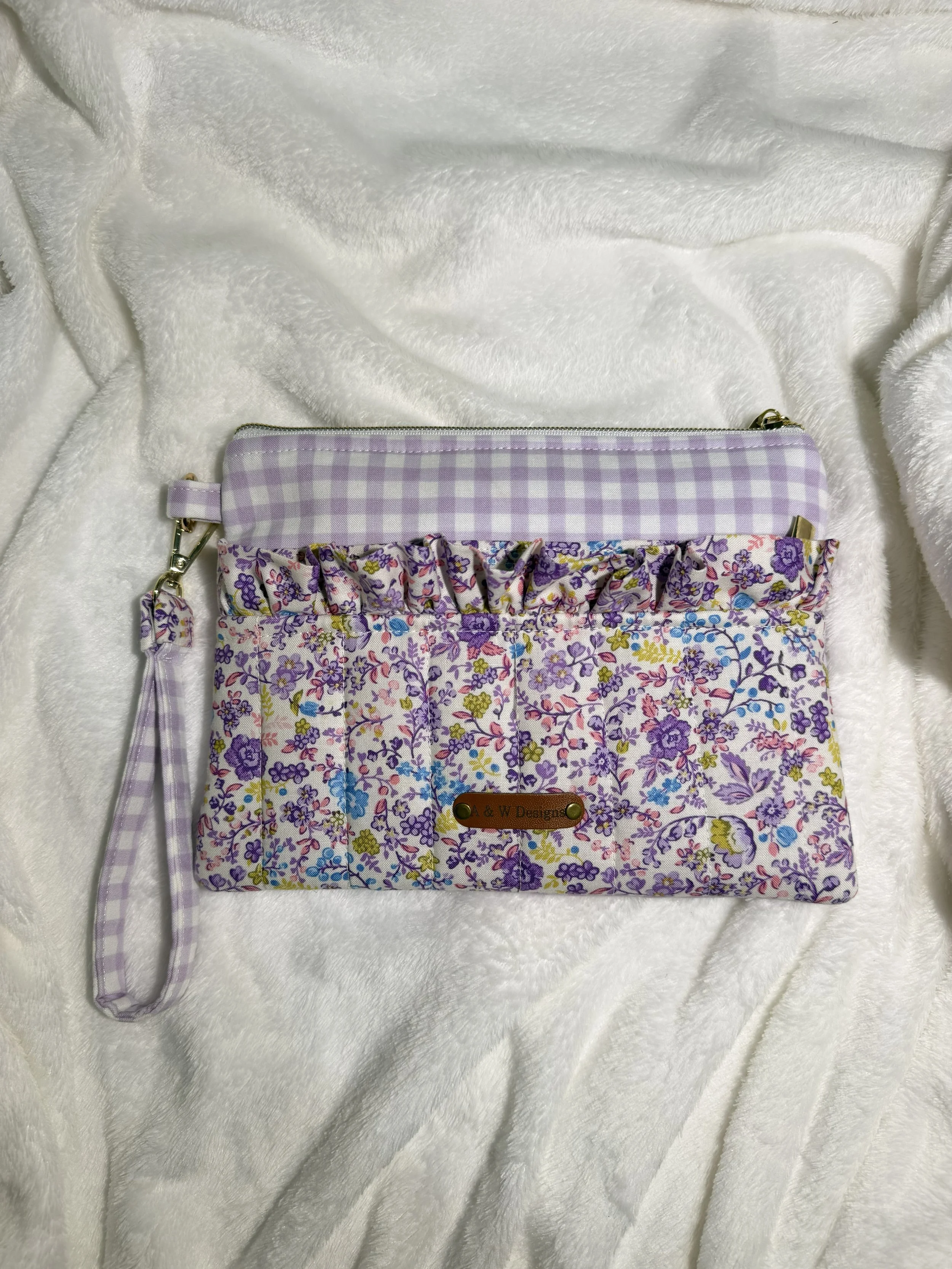 Purple Gingham/Floral Ruffle Wristlet