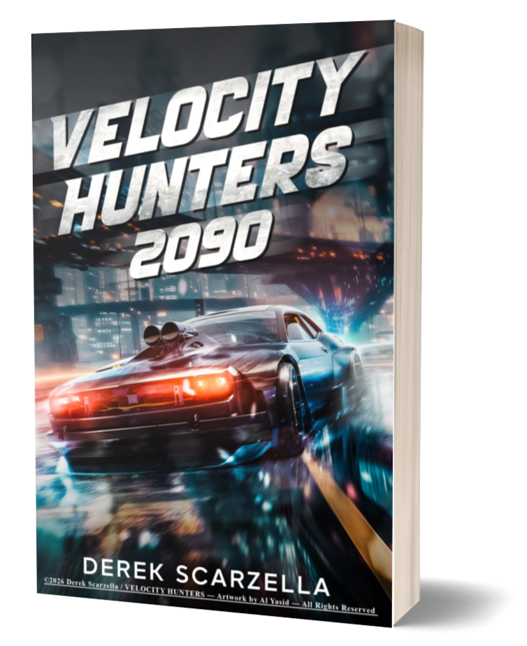 Book cover for 'Velocity Hunters 2090' showing a futuristic race car speeding through a city at night with neon lights and reflections.
