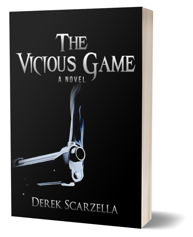 Book cover for 'The Vicious Game' by Derek Scarzella, featuring a smoking gun on a black background.
