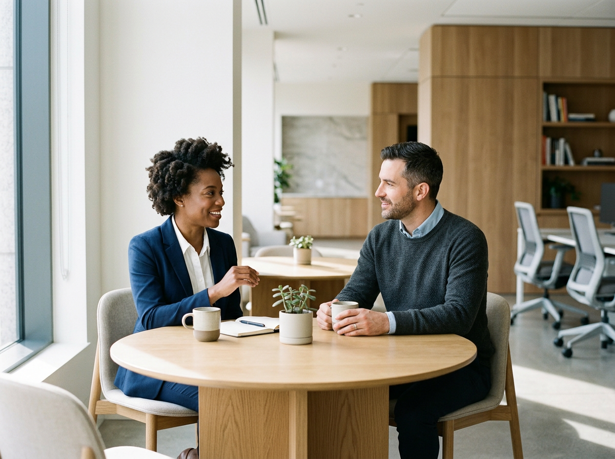 Deux collègues discutent lors d'une réunion dans une salle de bureau moderne, assis à une table ronde en bois, avec des tasses et un carnet.