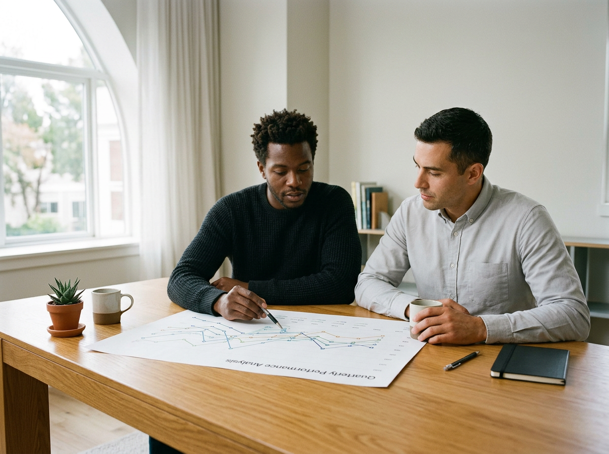 Deux hommes discutent devant un graphique de performance marketing sur une table en bois, dans une pièce lumineuse avec une grande fenêtre.