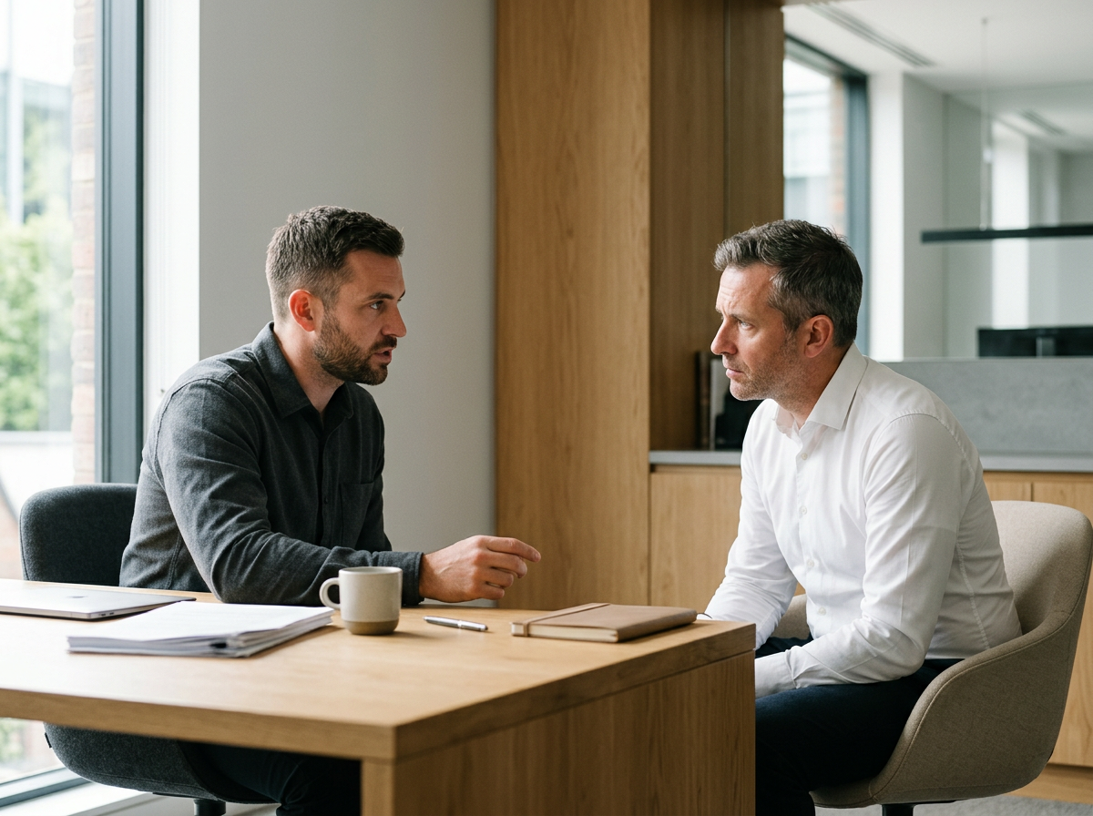 Deux hommes en entretien ou discussion sérieuse dans un bureau moderne, assis face à face, avec une table en bois, des notebooks, un crayon et une tasse.
