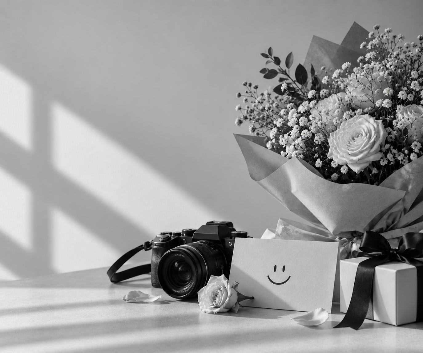 A camera, a bouquet of flowers, a gift box with a black ribbon, a card with a smiley face, and fallen flower petals arranged on a table in black and white.