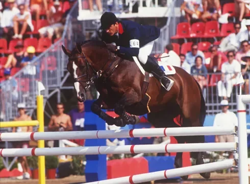 A male equestrian athlete in a navy jacket and white riding pants riding a brown horse while jumping over an obstacle in a competitive show jumping event with spectators in the background.
