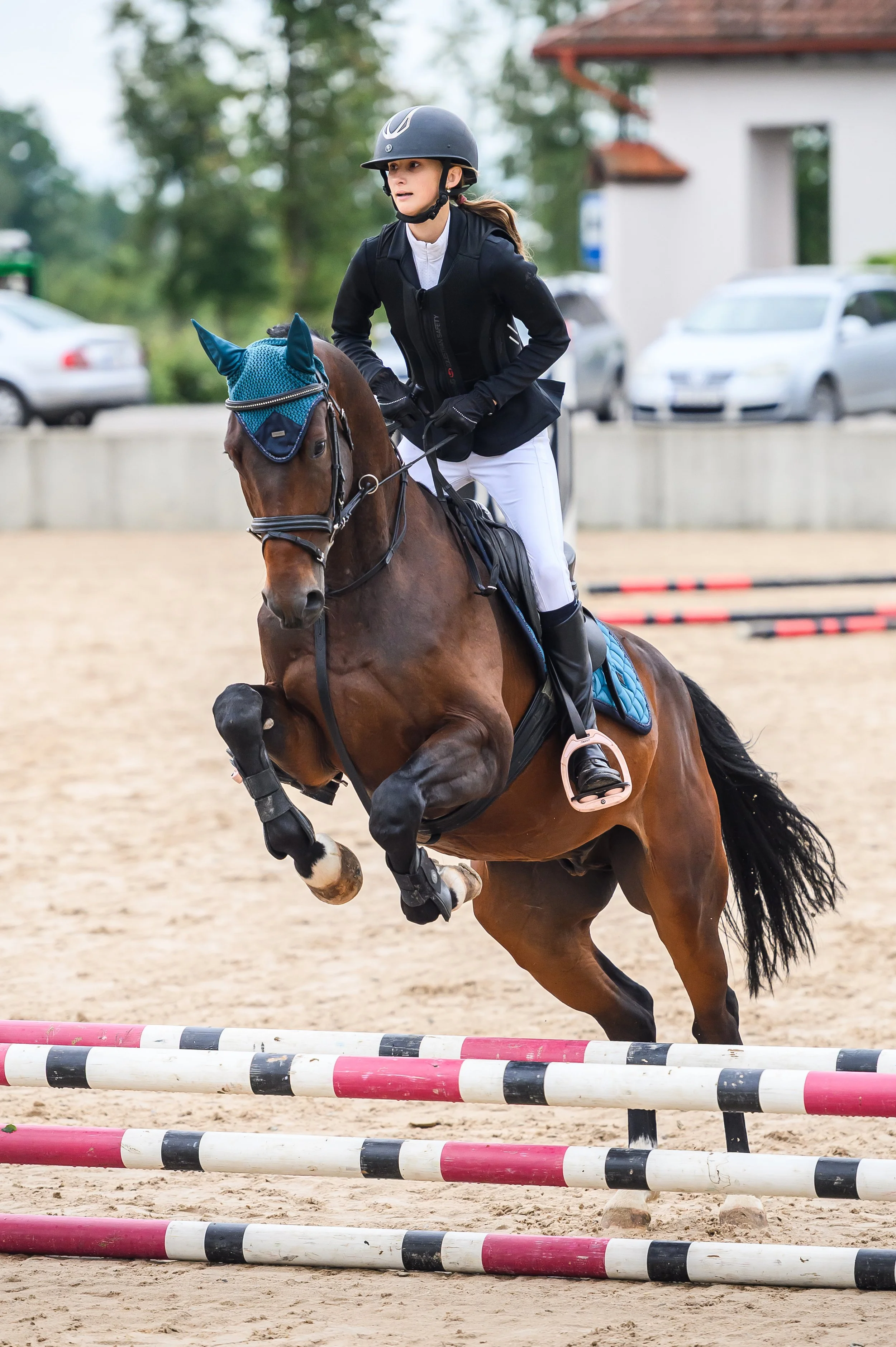 A young woman riding a horse over a jump at an equestrian event, wearing a helmet, black jacket, white riding pants, and gloves, with a blue ear bonnet on the horse.