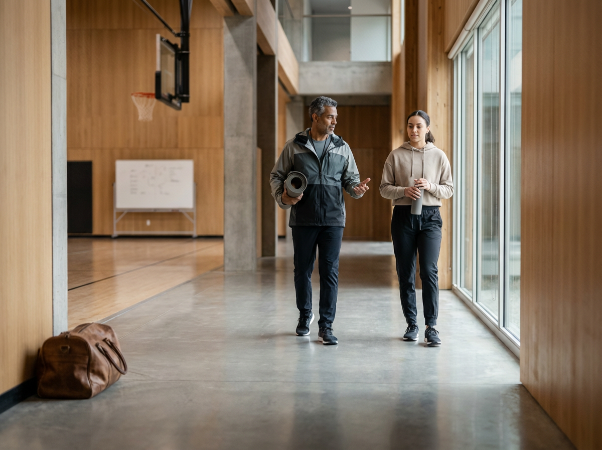 Two people, a man and a woman, walking and talking in a gym hallway. The man is holding a rolled-up yoga mat and the woman is holding a water bottle. There is a brown duffel bag on the floor near the wall, and large windows line the right side of the hallway.