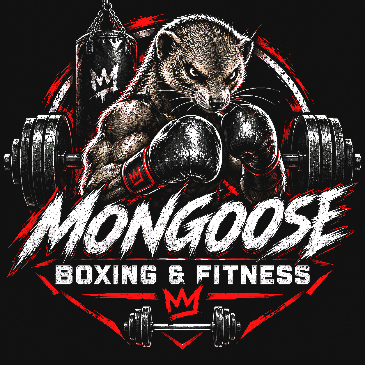 A graphic design of a fierce-looking monkey with boxing gloves, surrounded by gym equipment like dumbbells and a punching bag, with the text 'Mongoose Boxing & Fitness' in bold letters.