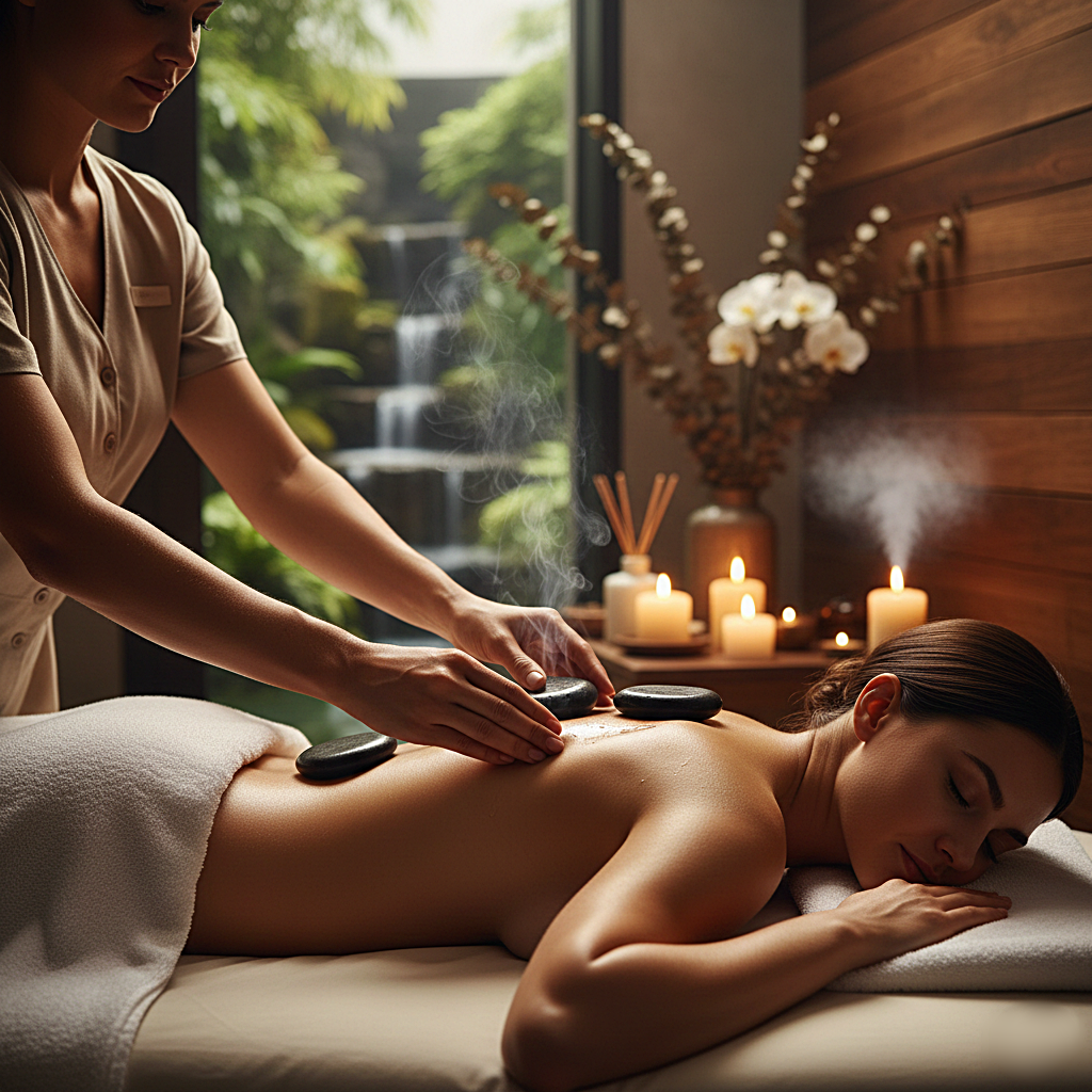 Una mujer recibe un masaje con piedras volcánicas en un spa, con velas y una decoración natural y relajante en el fondo.