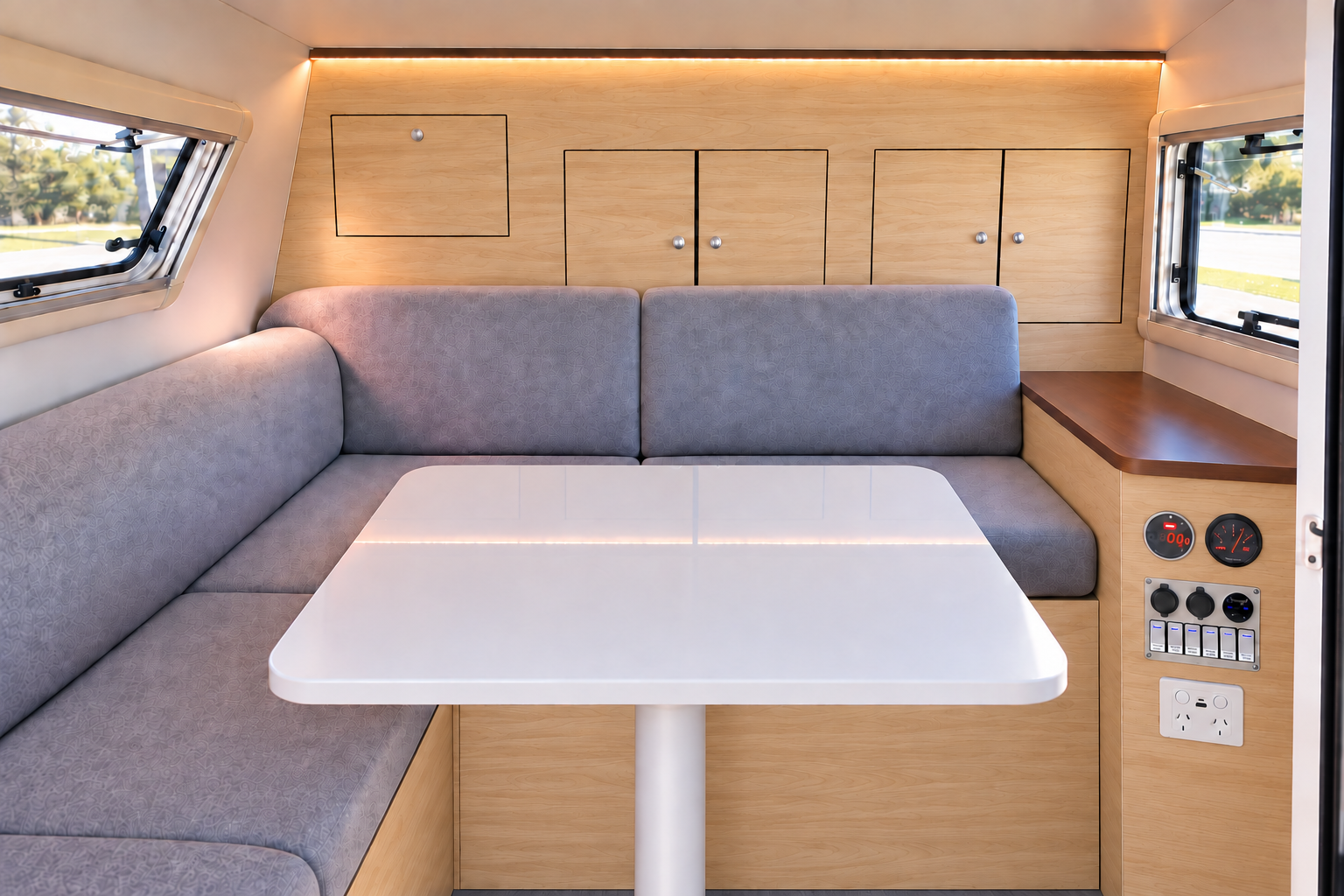 Nimble Campers Teardrop interior seating and bed