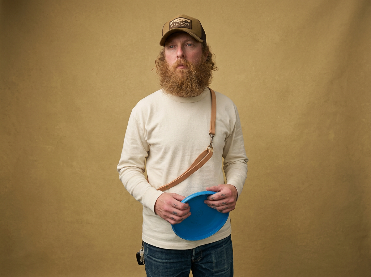 A man with a red beard and long hair wearing a beige sweatshirt, a brown cap, and carrying a leather strap across his chest, holding a blue flying disc.