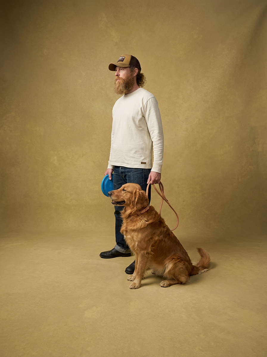 A man with a beard and curly hair wearing a beige long-sleeve shirt, jeans, and a trucker hat, standing next to a golden retriever sitting on the floor. The man holds the dog's leash and a blue frisbee.