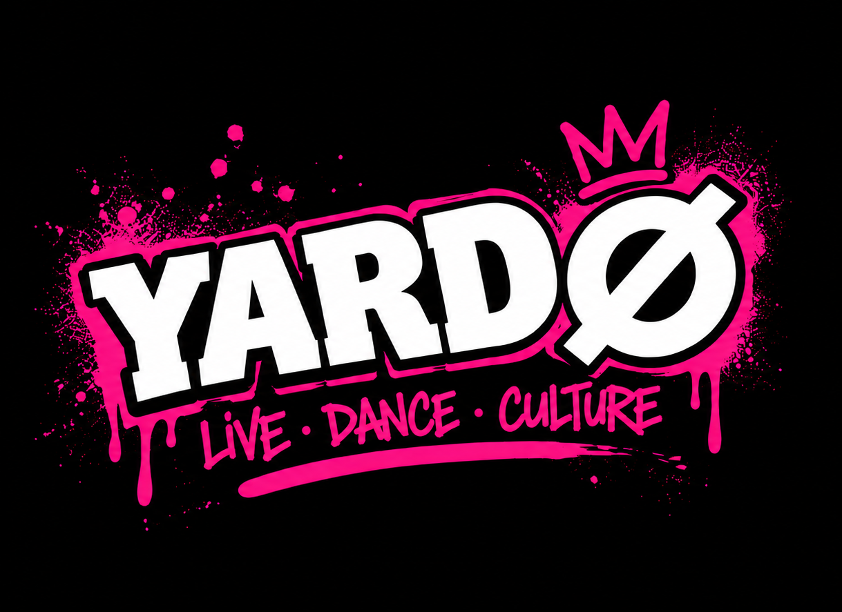 Logo for YARDØ, featuring bold white text with a black outline, pink graffiti-style splashes and a small crown graphic above the letter 'O'. Below, words 'Live, Dance, Culture' are written in pink graffiti font.