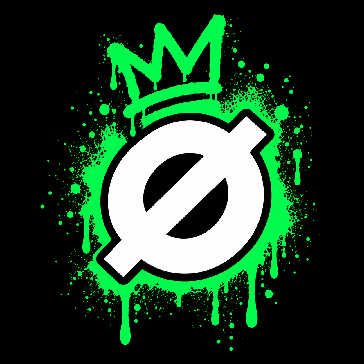 YARD Ø crowned symbol in white and neon green with graffiti paint splatter.