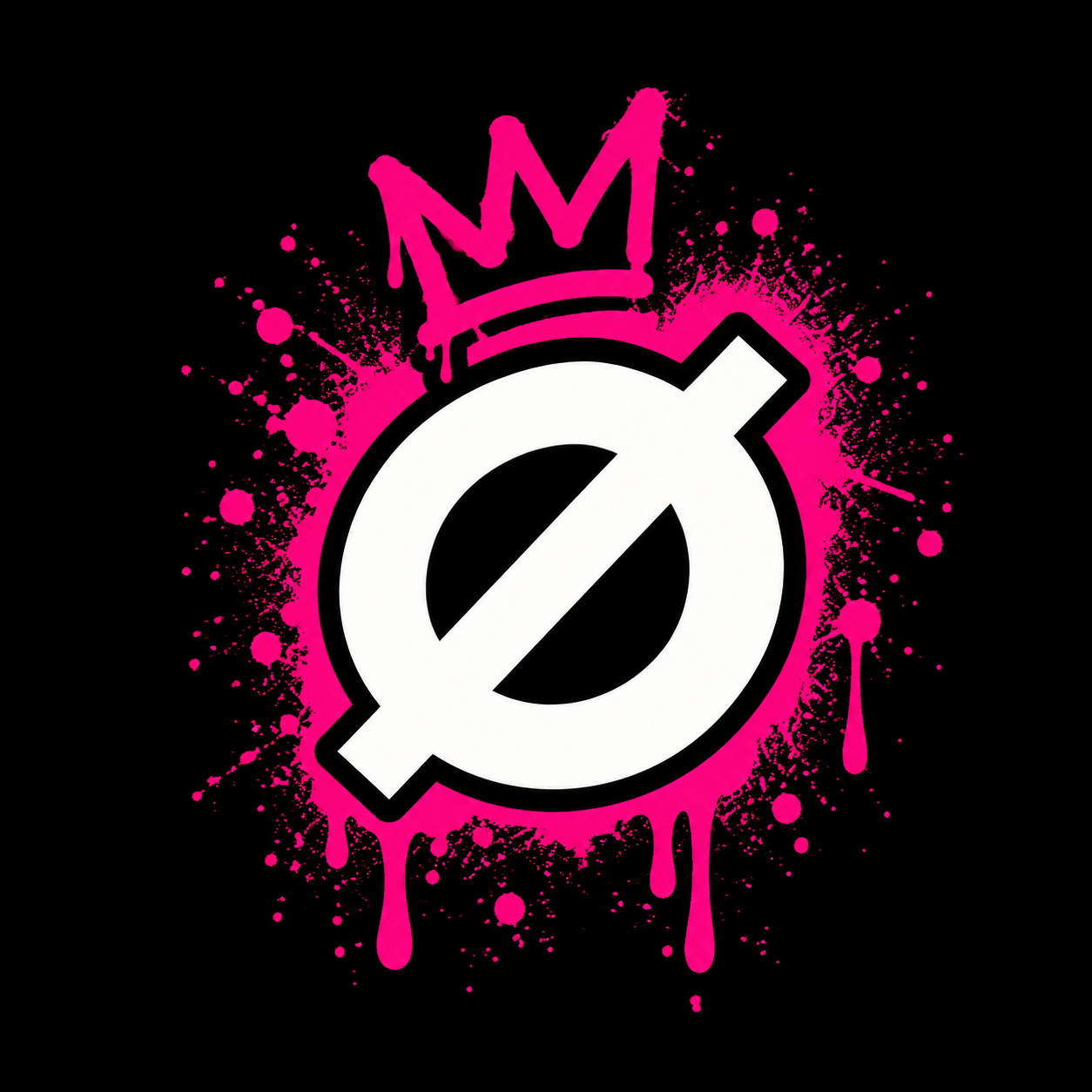 YARD Ø crowned symbol in white and hot pink with graffiti paint splatter.