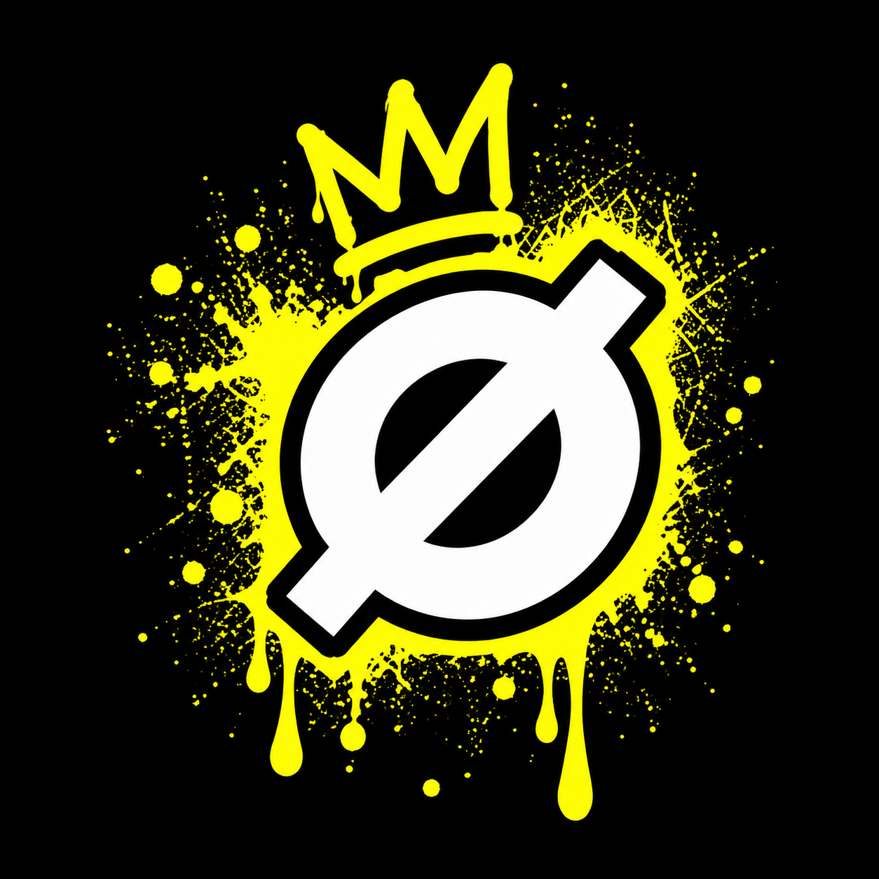 A stylized bomb with a yellow crown on top, surrounded by yellow paint splatters and drips on a black background.