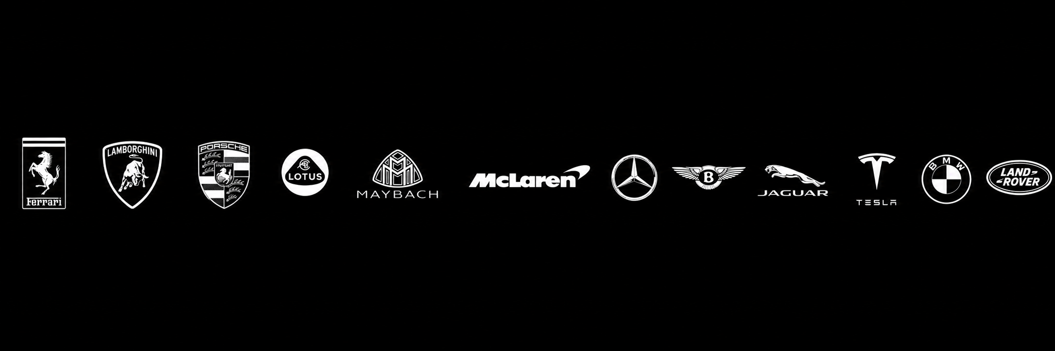 Logos of various luxury and automotive brands including Ferrari, Lamborghini, Porsche, Lotus, Maybach, Mercedes-Benz, Bentley, Jaguar, Tesla, BMW, and Land Rover on a black background.