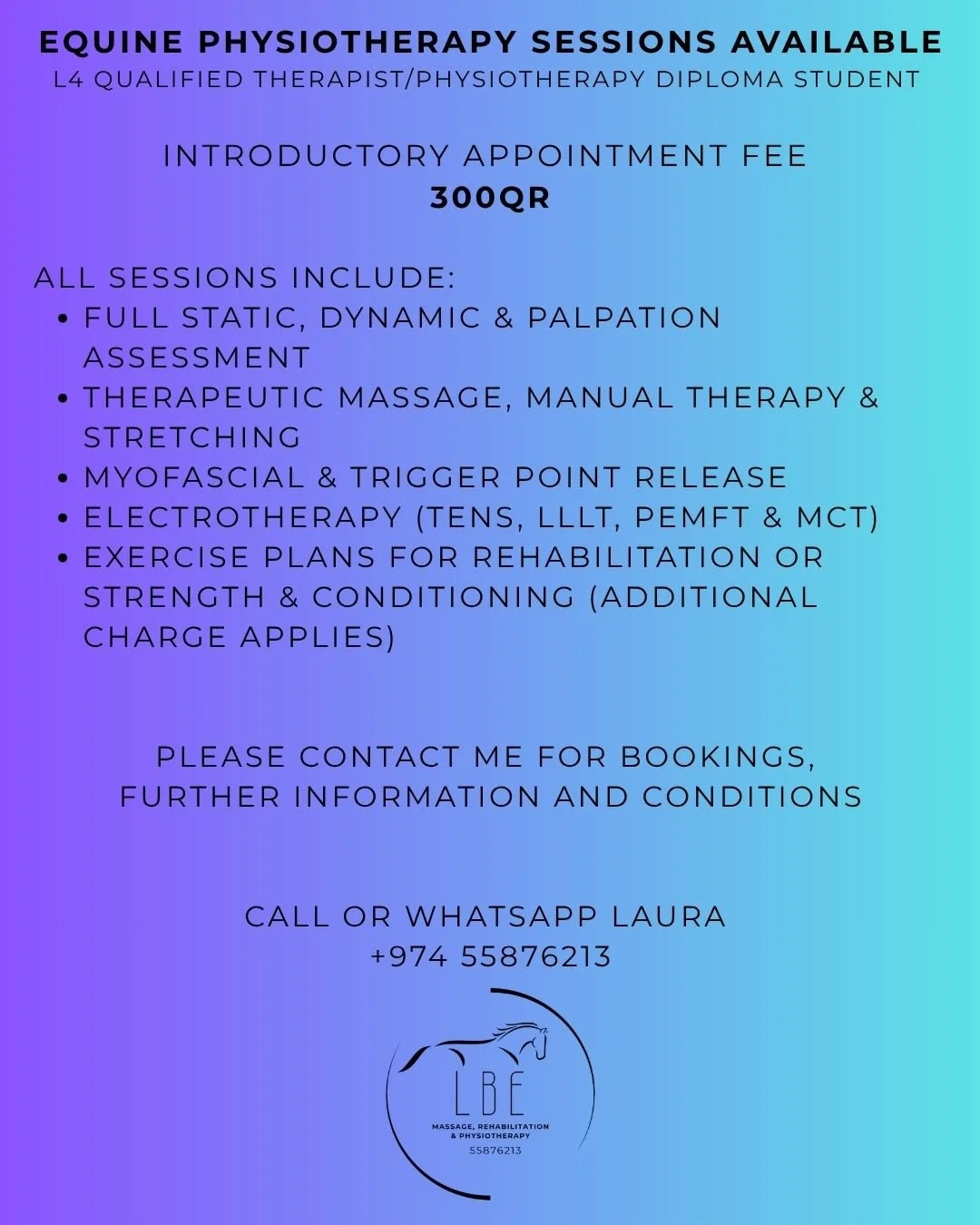 Information poster for equine physiotherapy sessions, including services offered, pricing, and contact details, on a gradient purple to blue background with a horse logo.