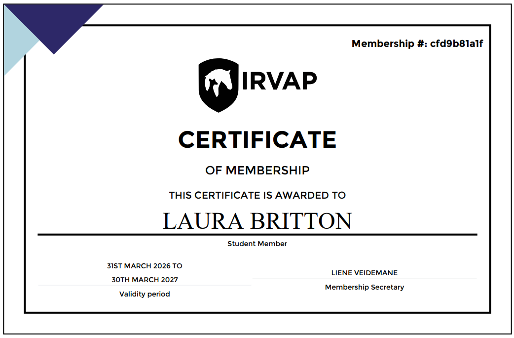 A membership certificate from IRVAP awarded to Laura Britton, valid from March 31, 2026, to March 30, 2027, with the membership secretary Liene Veidemane. The certificate features the IRVAP logo, black and white text, and a black border.