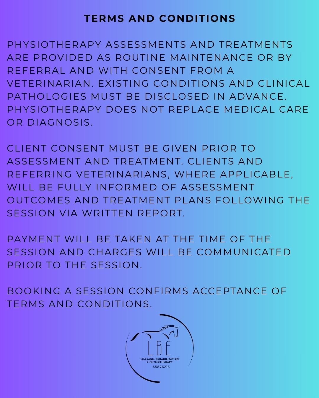Terms and conditions for physiotherapy assessments and treatments, including client consent, payment, and booking policies with a logo of massage and rehabilitation physiotherapy.