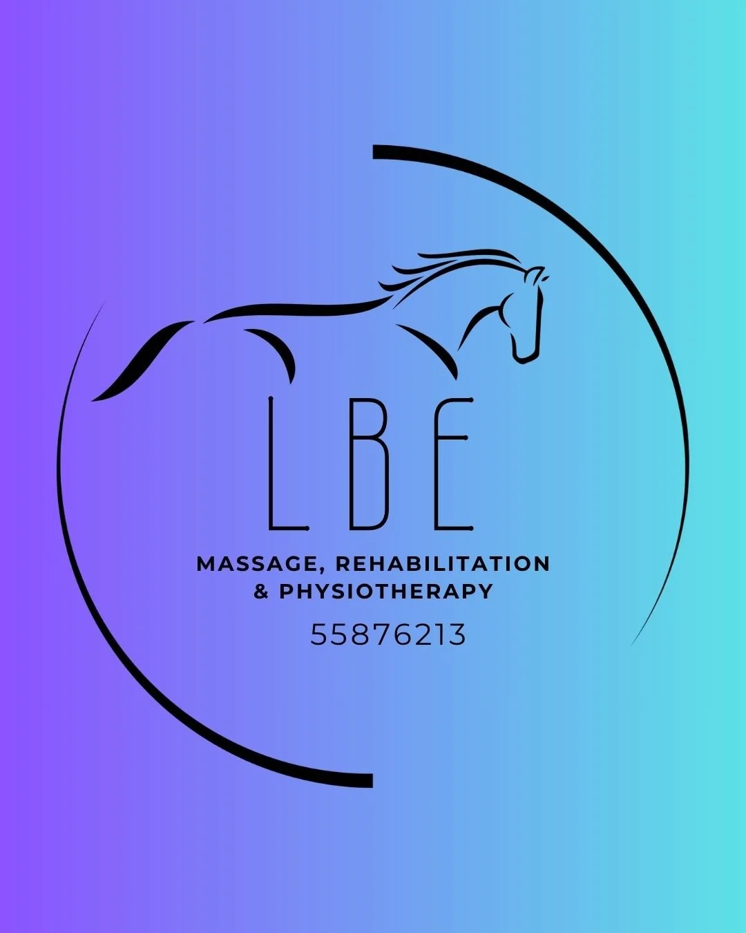 Logo for LBE Massage, Rehabilitation & Physiotherapy featuring a minimalist line drawing of a horse and contact number on a gradient blue background.
